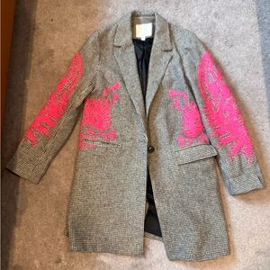 Anthropologie Houndstooth Coat with Pink embroidery